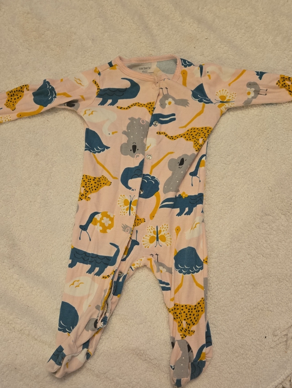 Carter's Pink Animal Print Footed One-Piece Pajamas with Blue and Yellow Accents